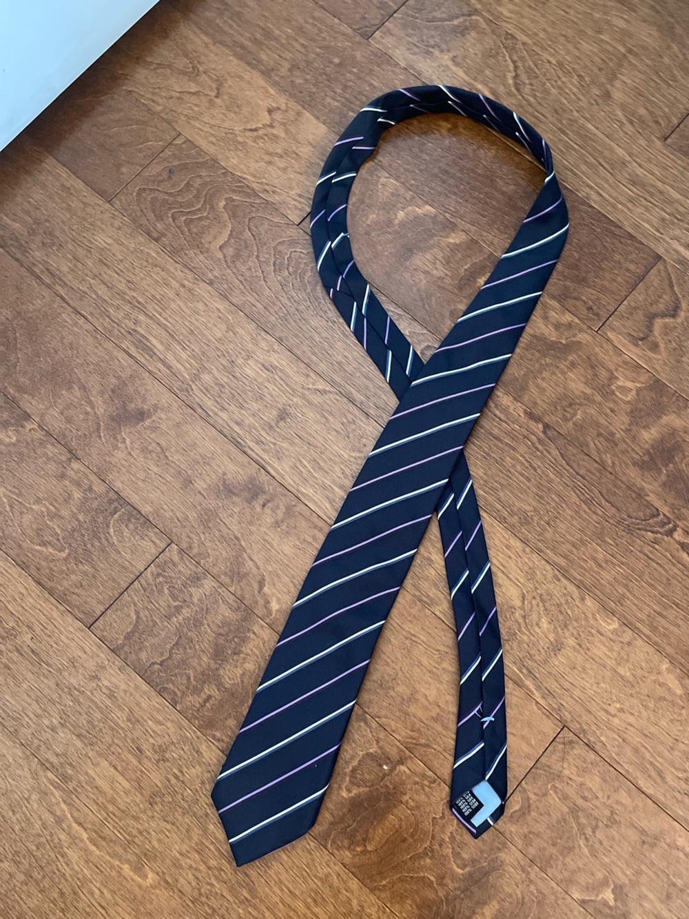 Gianfranco Valentino Navy Striped Silk Tie with Pink and White Accents